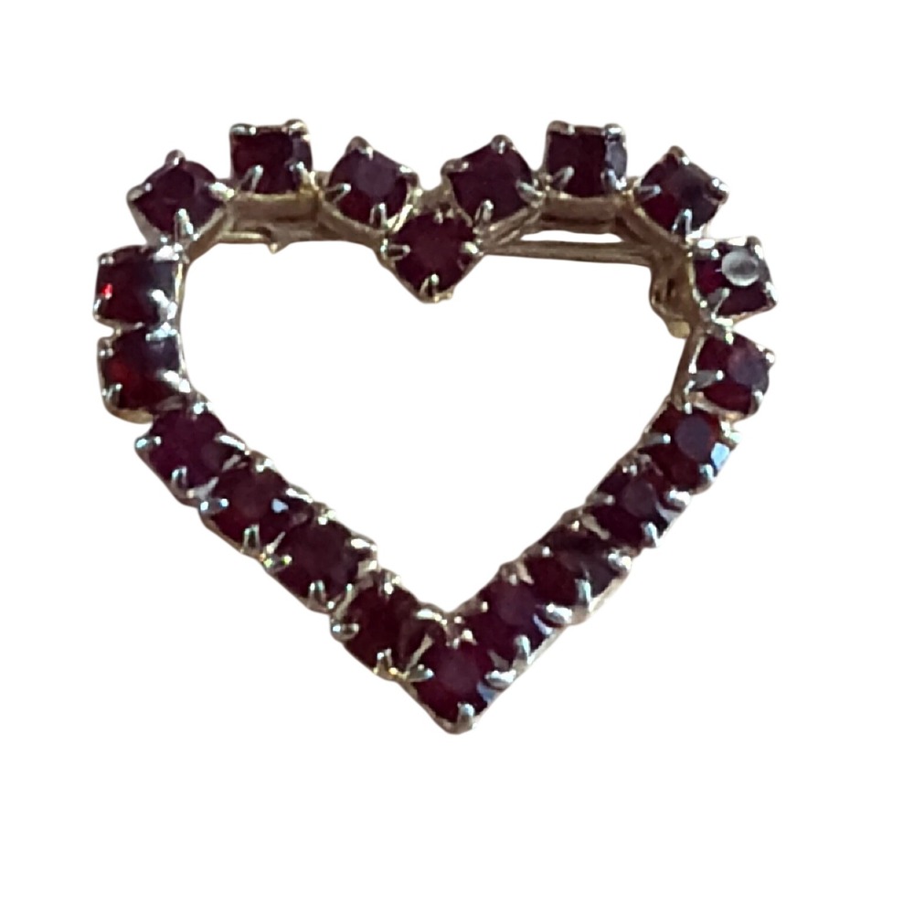 Vintage Gold Tone Red Rhinestone Open Heart Brooch Pin‎ Romantic Jewelry